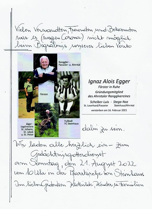 Int. Alpencupranggeln, um 10.00 Uhr Gedenkmesse für Ignaz Egger in Steinhaus
