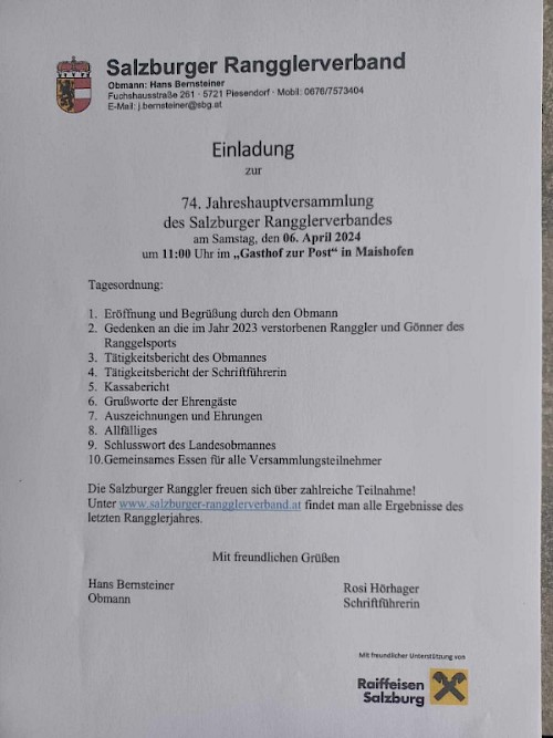 Einladung zur JHV des Salzburger Rangglerverbandes